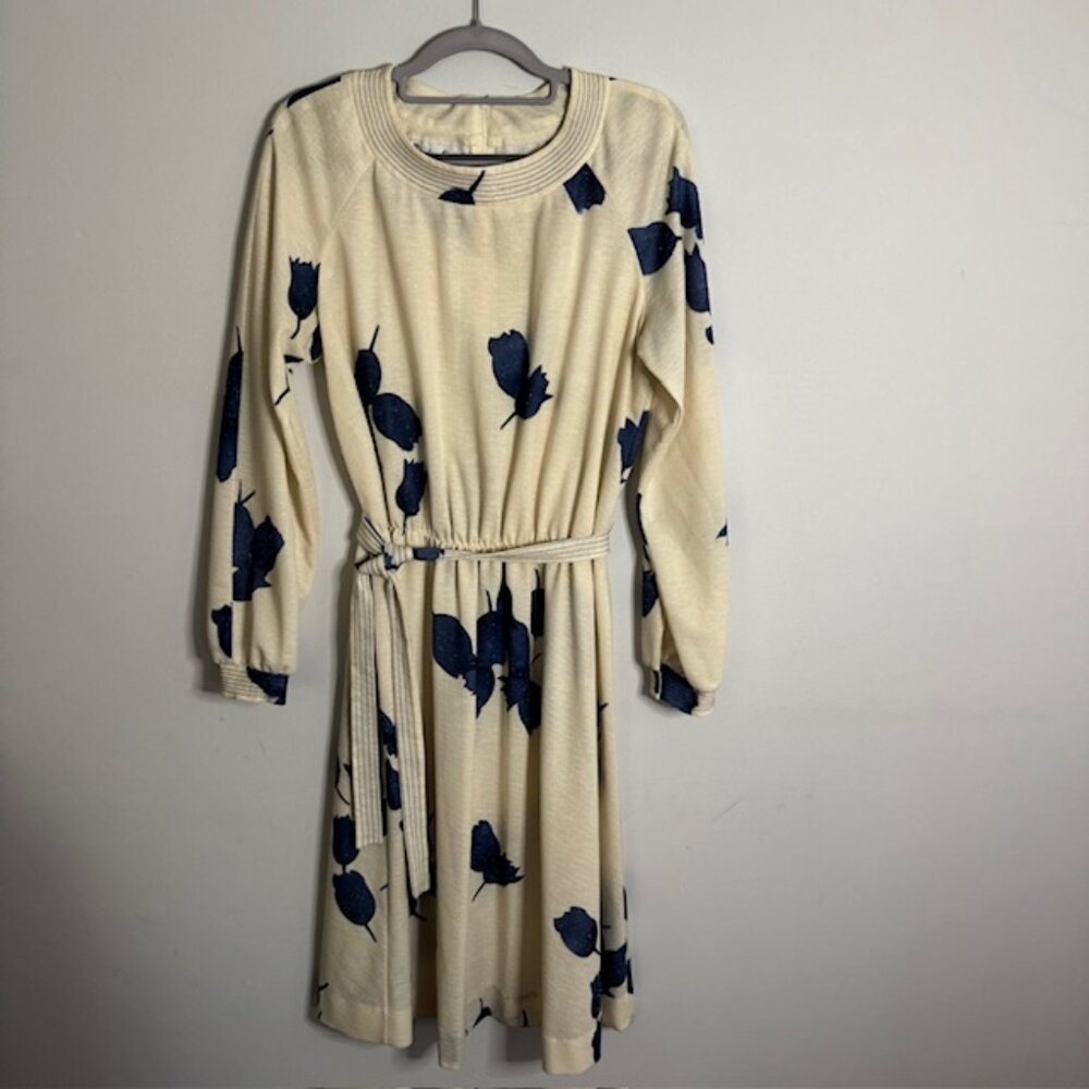 Vintage Bleeker Street Ivory Dress Blue Flowers Belted Size Small
